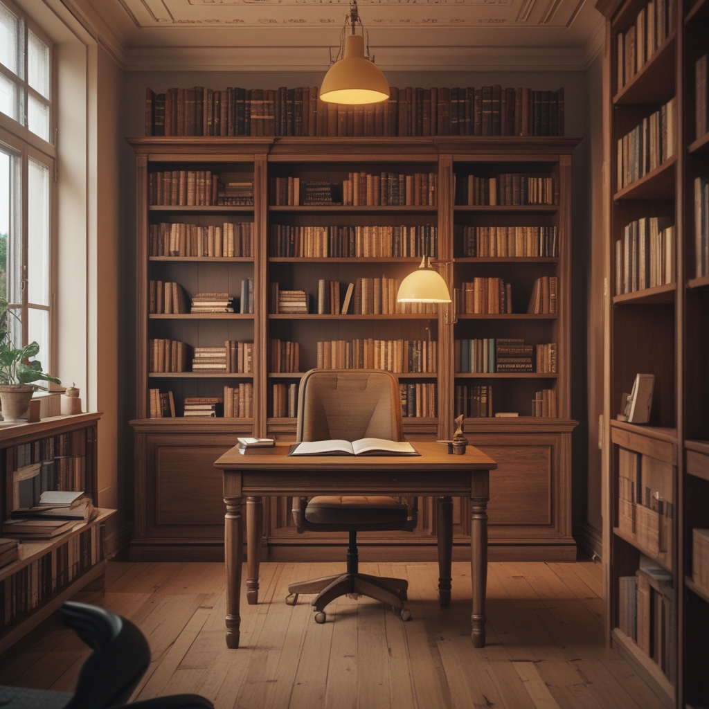Helles, ruhiges Lesezimmer oder Studiozimmer mit Holzregalen voller Bücher, warmes Lampenlicht, Schreibtisch mit aufgeschlagenen Notizen, keine Personen, atmosphärische Wissens- und Forschungsstimmung, gedämpfte warme Töne