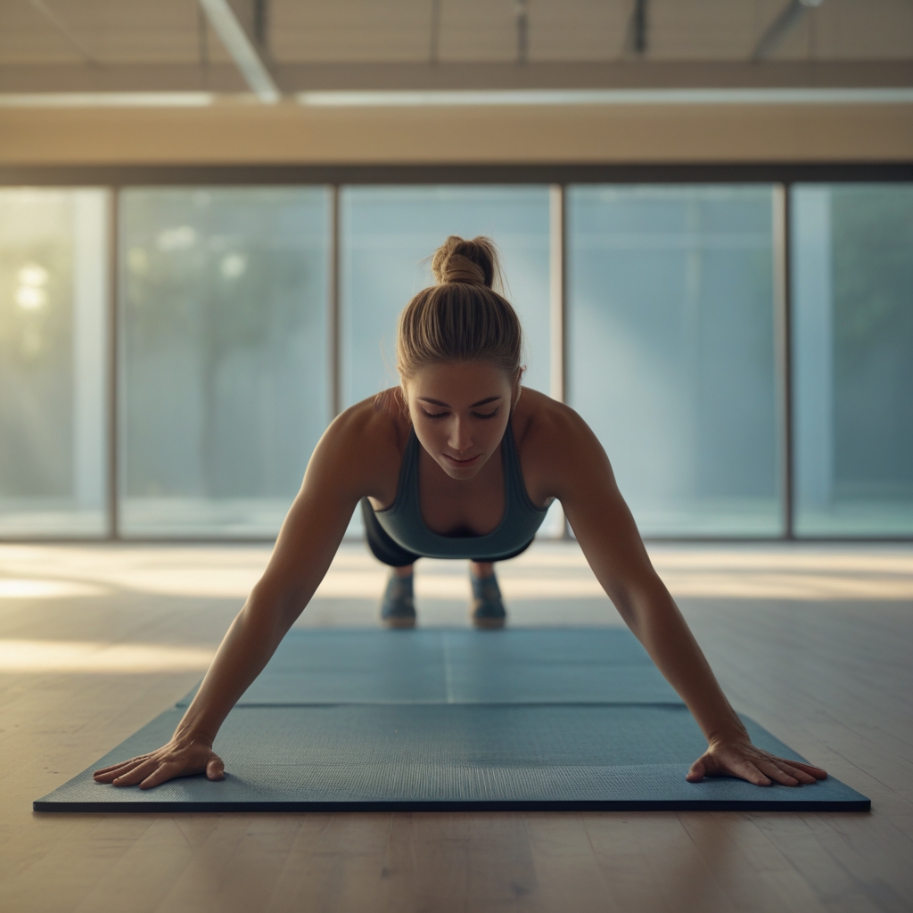 Nahaufnahme einer Person in stabiler Plank-Position auf einer Yogamatte in einem hellen Sportraum, Fokus auf Körperspannung und Haltung, natürliches Seitenlicht, ruhige Atmosphäre, kein Gesicht sichtbar