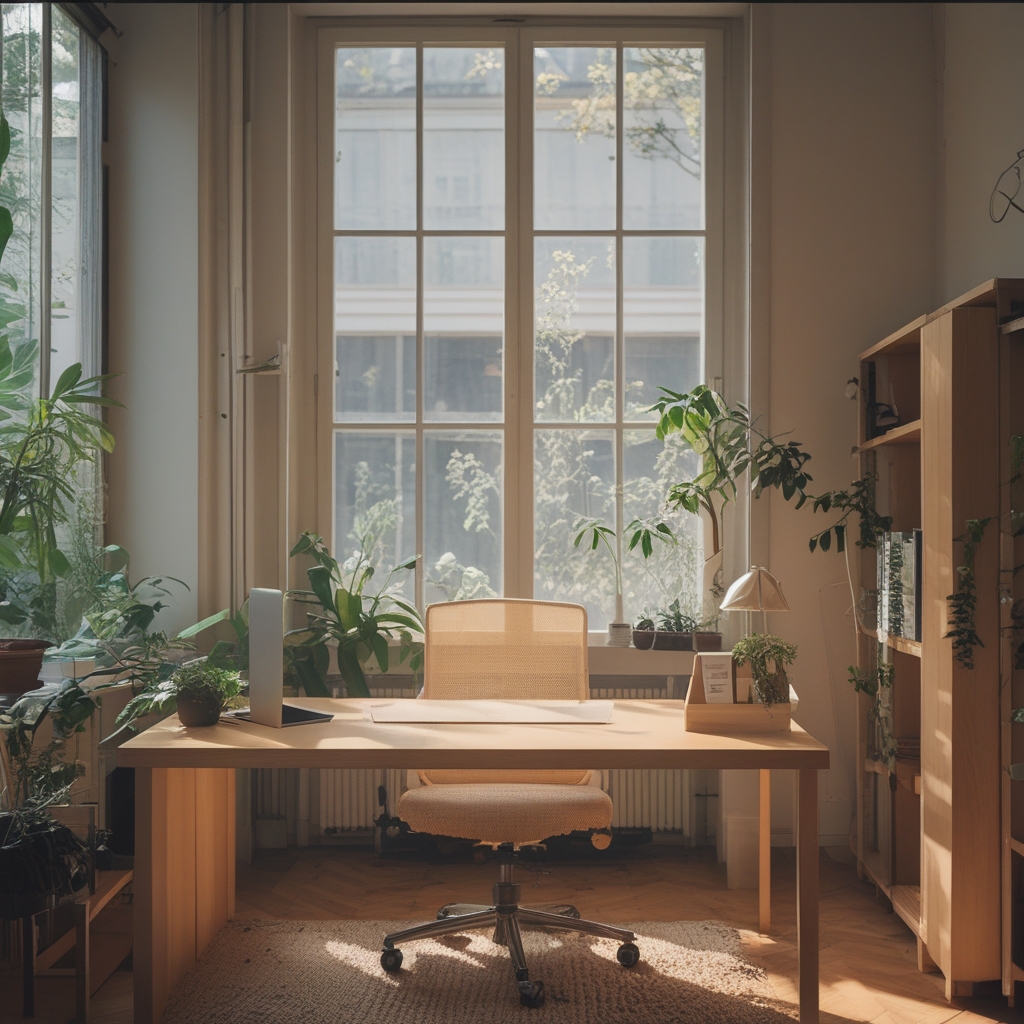 Ergonomisch gestalteter heller Büroraum mit Schreibtisch und Stuhl, leere Szene zeigt gute Arbeitshaltung durch Stuhlposition und Tischhöhe, Topfpflanzen im Hintergrund, natürliches Fensterlicht