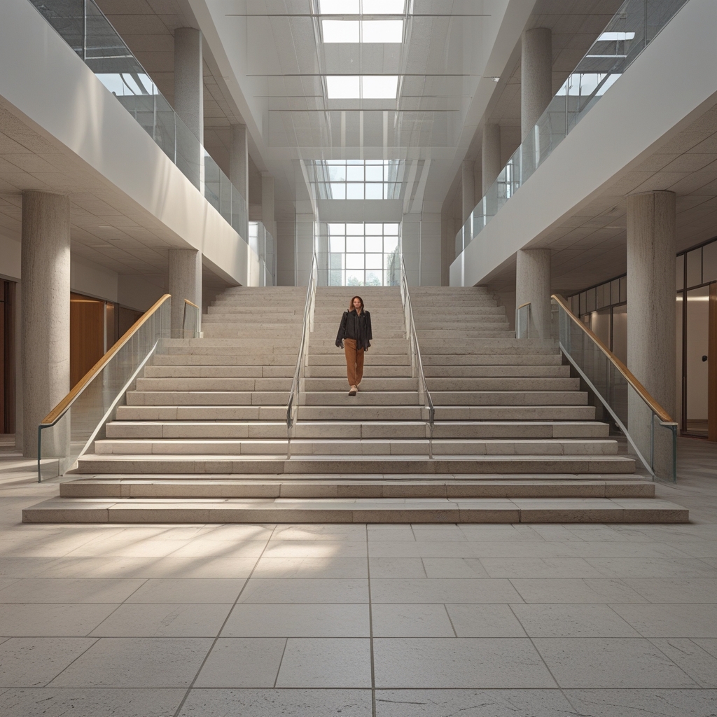 Elegante Innentreppe in einem modernen Bürogebäude mit Natursteinboden und Holzgeländer, natürliches Licht fällt durch Oberlichter, ruhige Atmosphäre, keine Personen