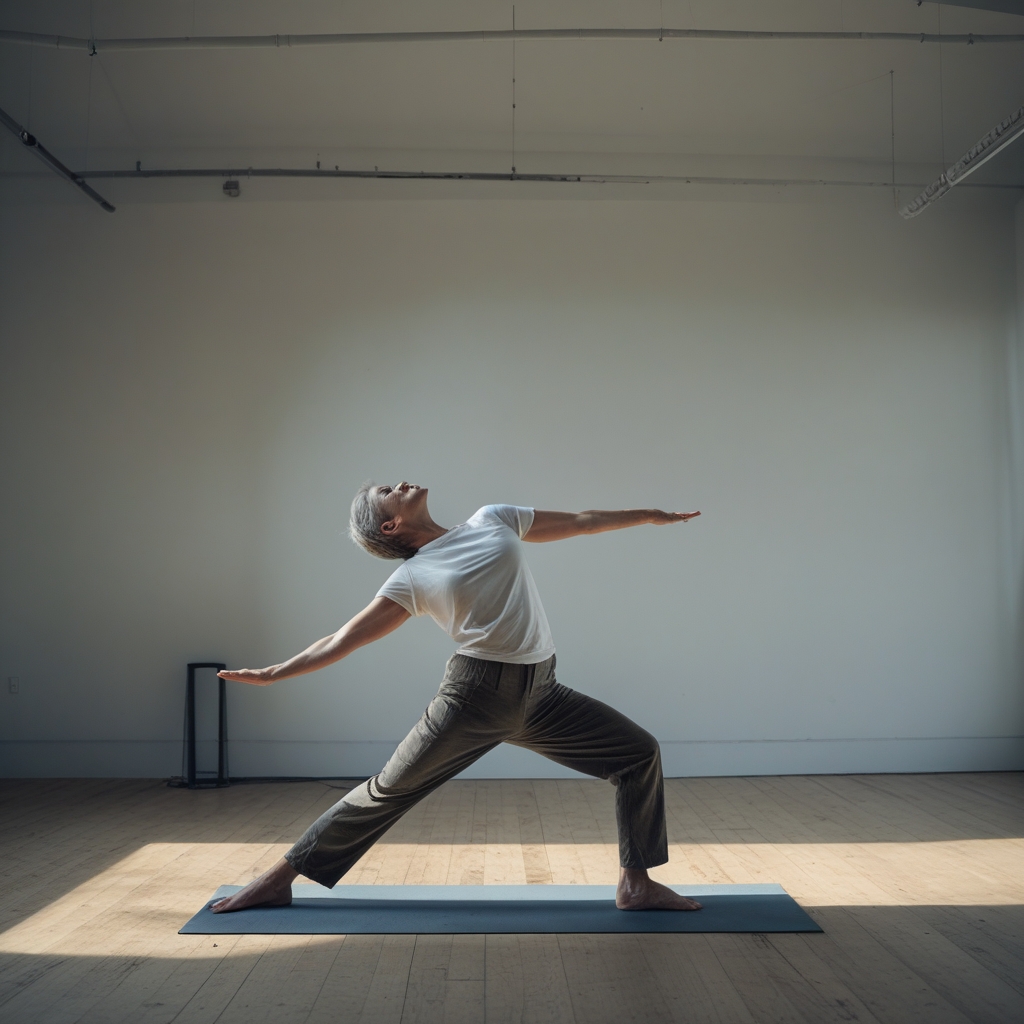 Erwachsene Person mittleren Alters führt eine ruhige stehende Seitendehnungsübung durch, helles natürliches Licht in einem offenen Raum, entspannte Körperhaltung, Fokus auf Arme und Rumpf, keine Anspannung sichtbar