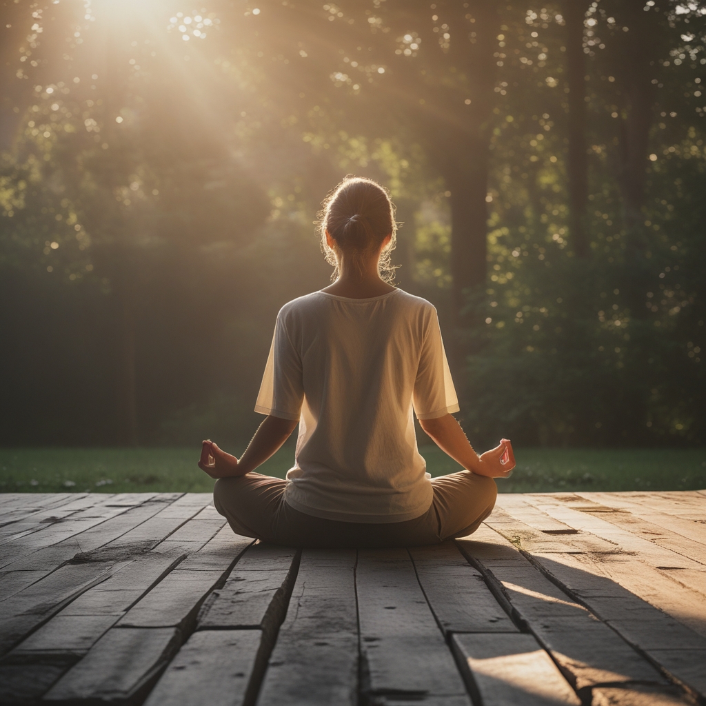 Ruhige Nahaufnahme einer Person in sitzender Meditationspose von der Seite, Fokus auf aufrechte Wirbelsäule und entspannte Schultern, warmes diffuses Licht von rechts, minimalistischer Holzboden Hintergrund, keine Gesichtszüge sichtbar