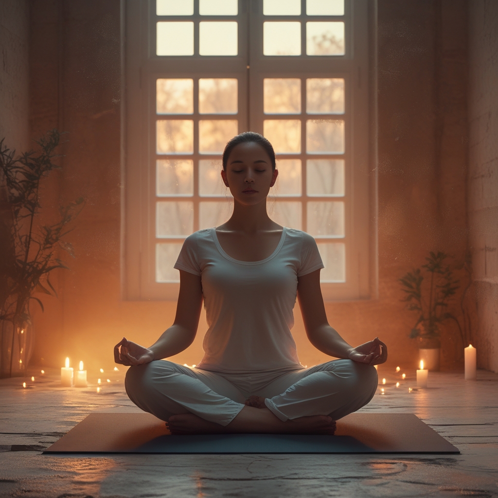 Person in einer meditativen Yoga-Sitzpose (Lotussitz) auf einer Matte, vollständige Ruhe, Hände auf den Knien, tiefe Entspannung sichtbar, stimmungsvolles Gegenlicht durch ein großes Fenster, atmosphärisches warmes Raumlicht
